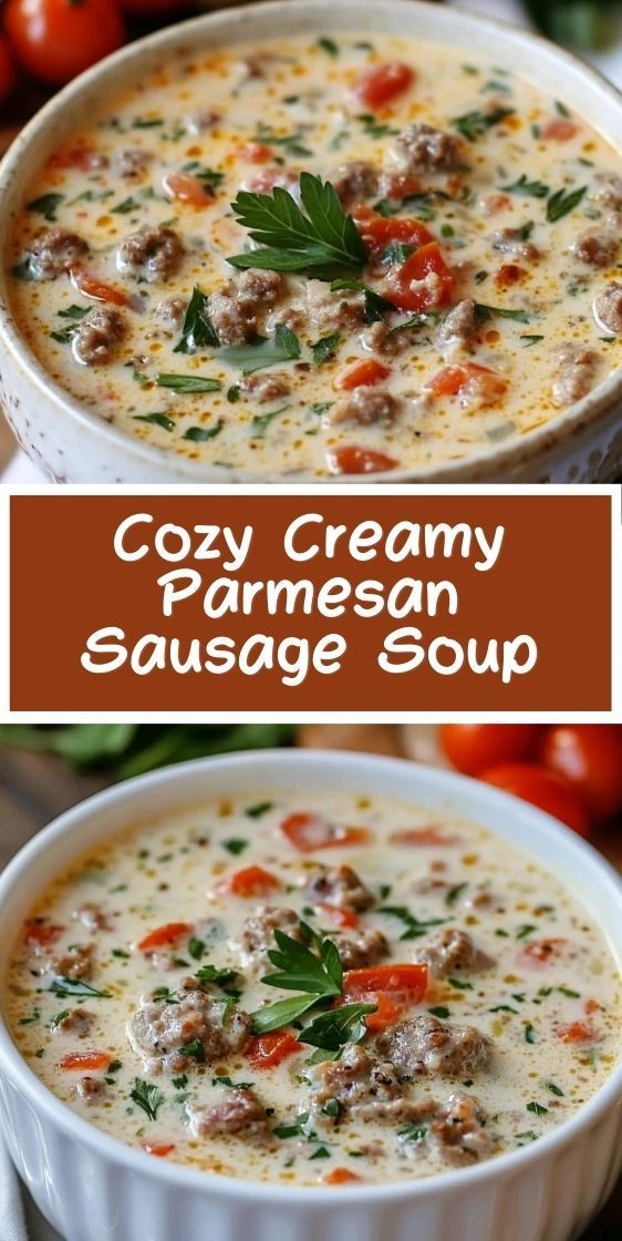 A bowl of creamy soup with Italian sausage and Parmesan, garnished with herbs