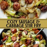 Fried sausages with golden cabbage, served on a large plate.