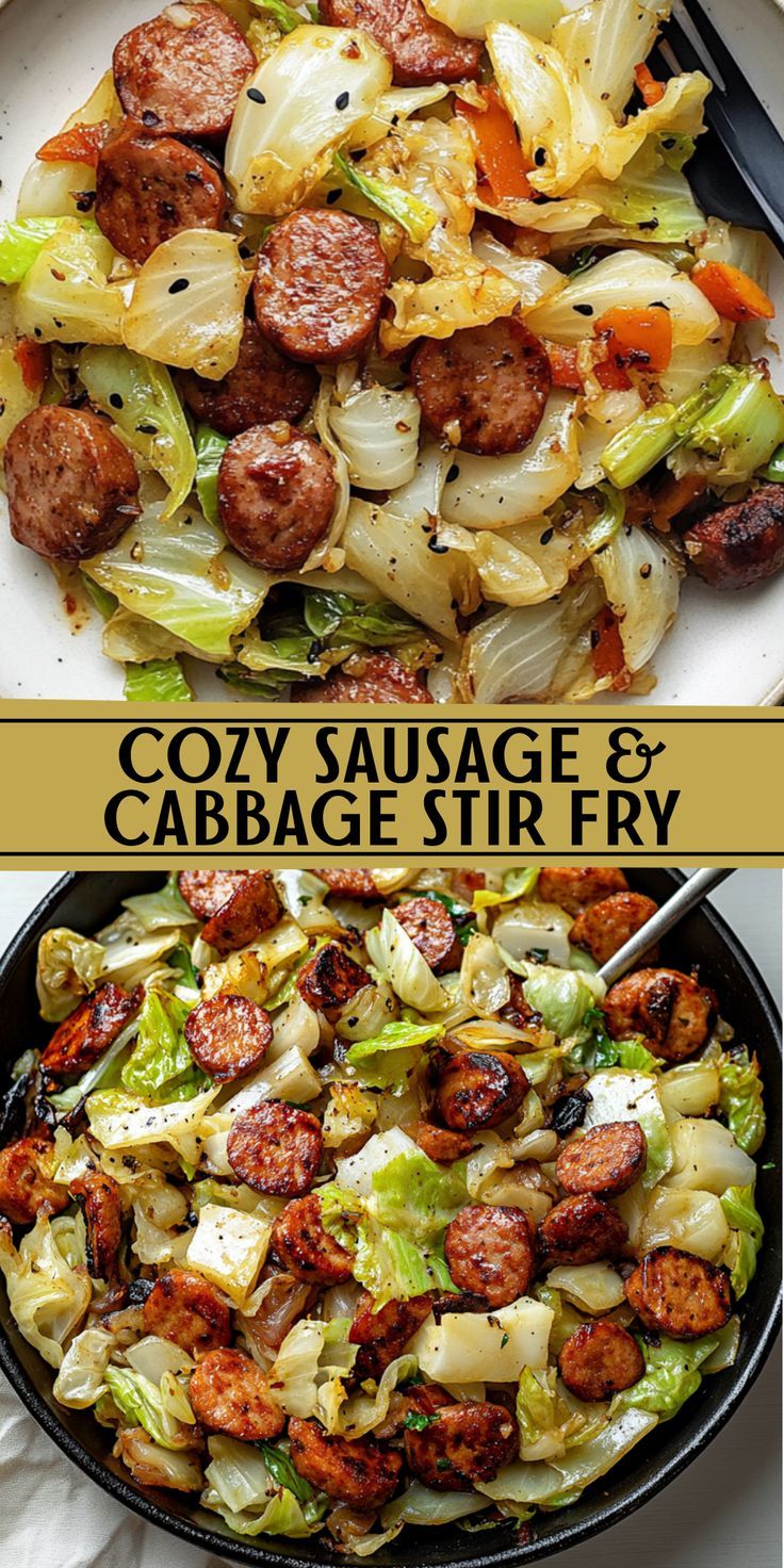 Fried sausages with golden cabbage, served on a large plate.