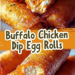 Crispy Buffalo chicken egg rolls on a plate with a dipping sauce.