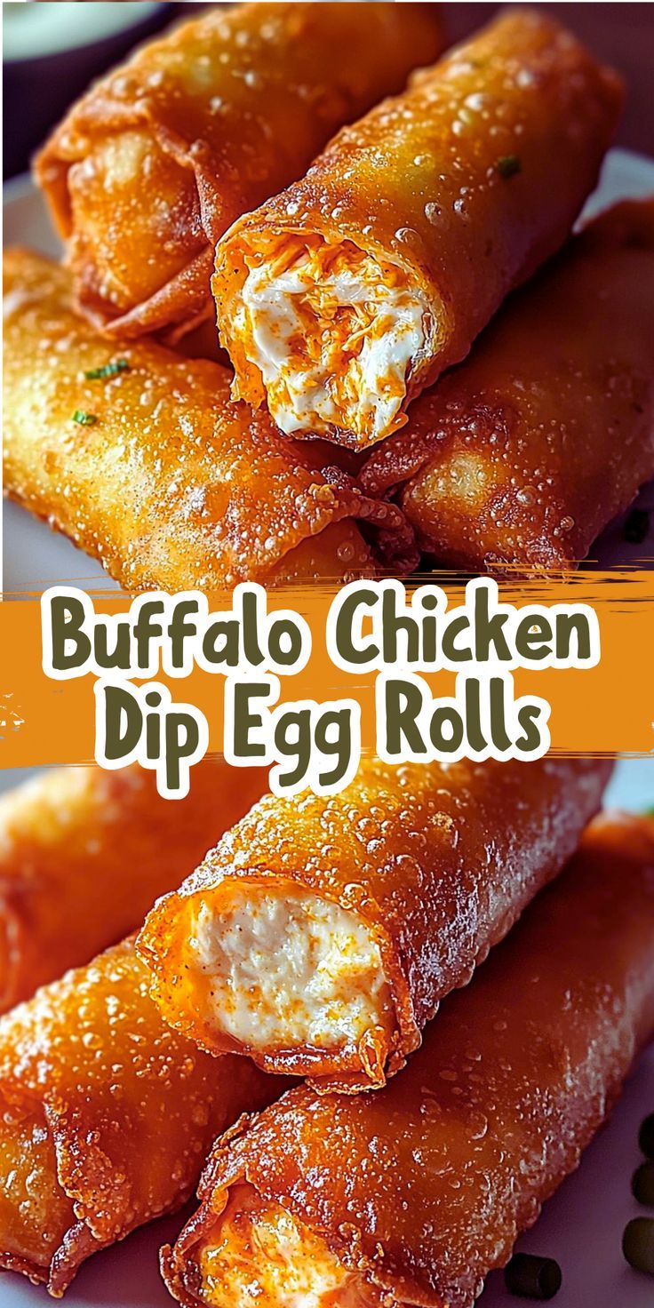 Crispy Buffalo chicken egg rolls on a plate with a dipping sauce.