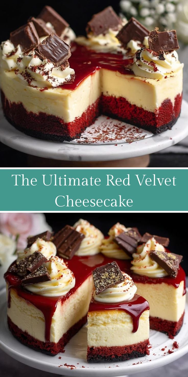 Red Velvet Cheesecake with a smooth creamy topping on a decorative plate.