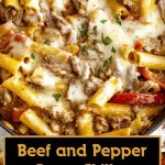 Pan-fried pasta with chunks of beef and sweet red pepper, with a delicious golden texture and bright, juicy accents.