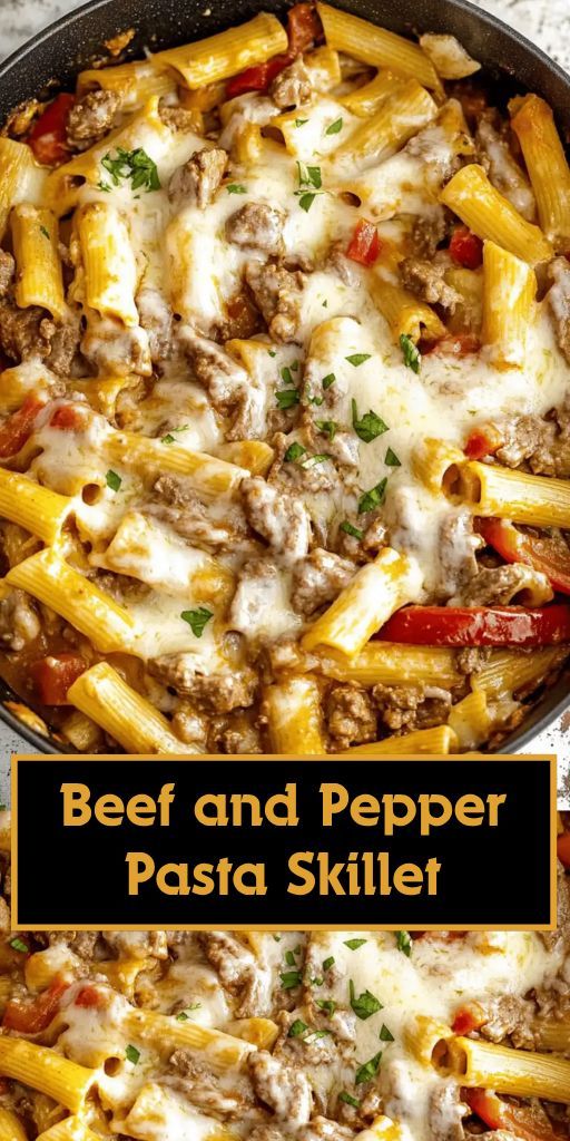 Pan-fried pasta with chunks of beef and sweet red pepper, with a delicious golden texture and bright, juicy accents.