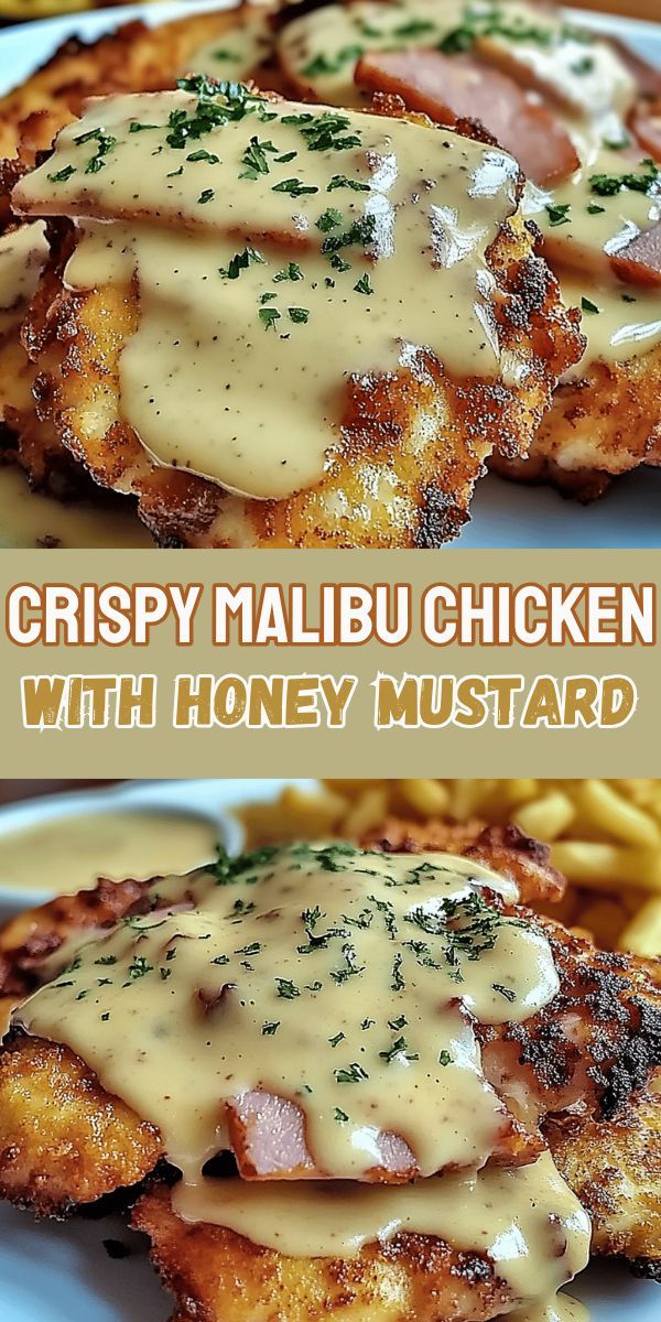 Spicy Malibu chicken with creamy mustard sauce, served on a plate with greens.
