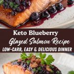 Keto salmon fillet coated with a rich blueberry glaze on a serving platter.
