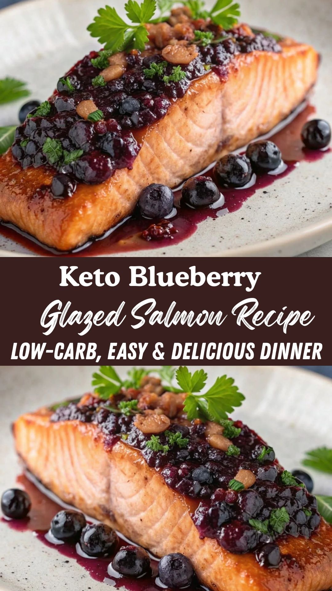 Keto salmon fillet coated with a rich blueberry glaze on a serving platter.
