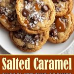 Close-up of salted caramel and chocolate chip cookies on a plate.