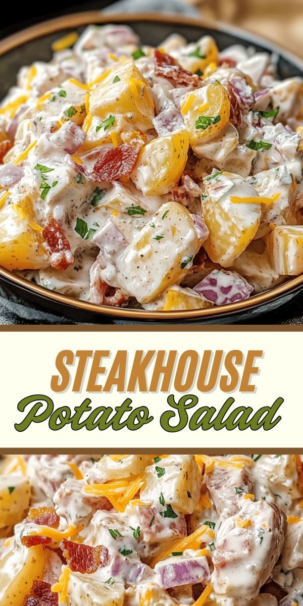 Steakhouse potato salad in a deep bowl with a dense, creamy texture.