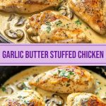Baked chicken stuffed with mushrooms under cheesy garlic butter on a serving platter.