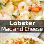 A deep bowl of creamy macaroni and cheese, topped with large chunks of juicy lobster, with a soft, golden sheen and a deliciously creamy texture.