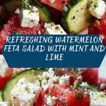 A vibrant summer salad of watermelon cubes, feta crumbles, and fresh mint leaves with lime accents, served in a juicy, contrasting color scheme.