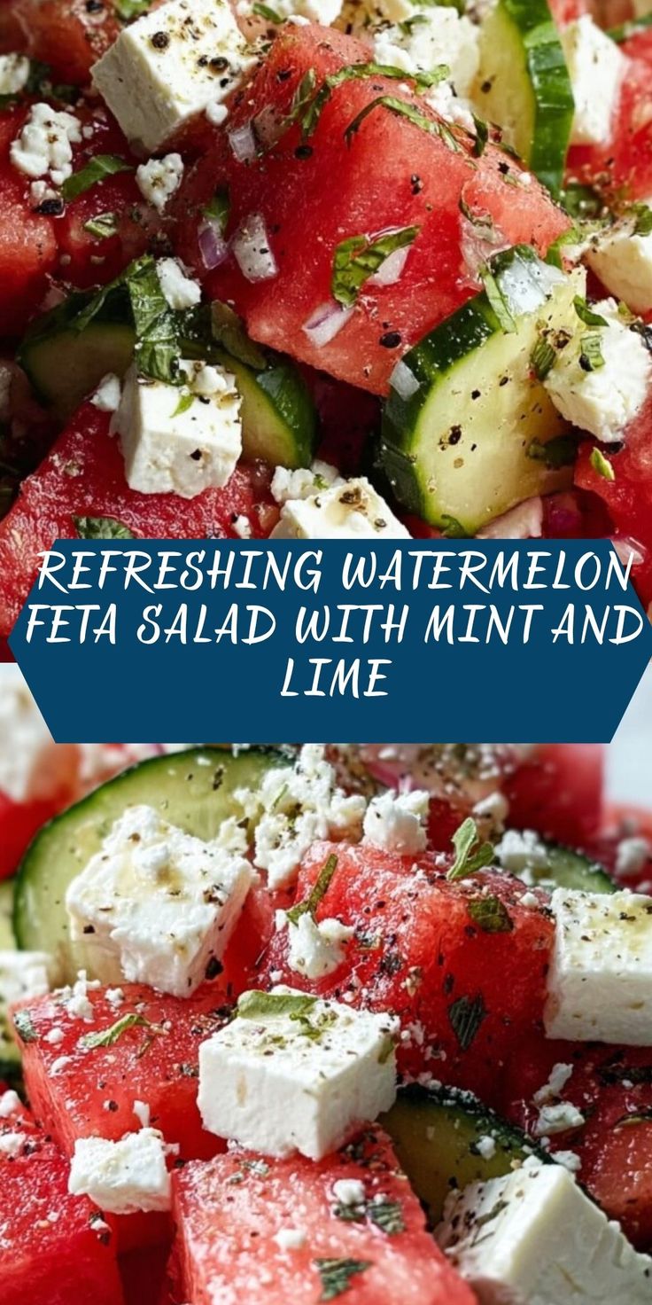 A vibrant summer salad of watermelon cubes, feta crumbles, and fresh mint leaves with lime accents, served in a juicy, contrasting color scheme.