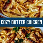 Linguine pasta with pieces of chicken in a thick creamy sauce, served hot and looking especially tender and appetizing.