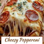 Hot stromboli with a crispy golden crust, melted cheese and layers of spicy pepperoni inside, cut into delicious slices.