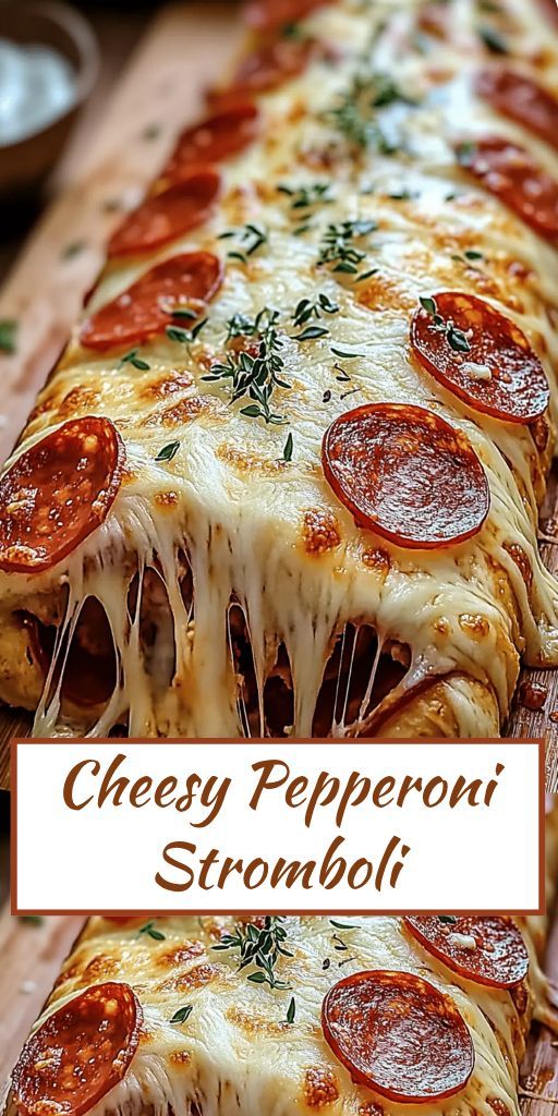 Hot stromboli with a crispy golden crust, melted cheese and layers of spicy pepperoni inside, cut into delicious slices.