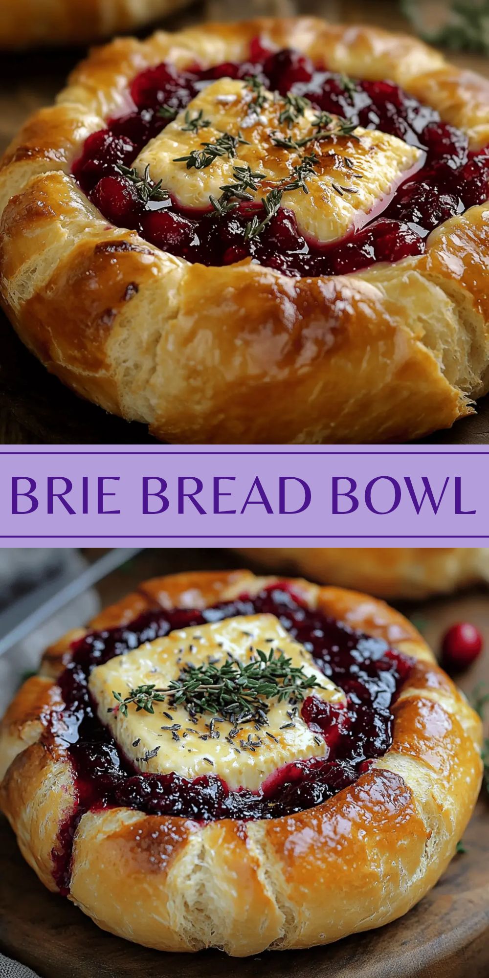 Baked brie cheese melts inside a crisp bread bowl, garnished with cranberry sauce and thyme sprigs.