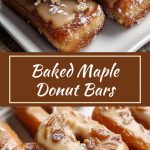 Baked donuts with a golden-brown surface, covered in glossy maple syrup, are neatly arranged on a serving plate.