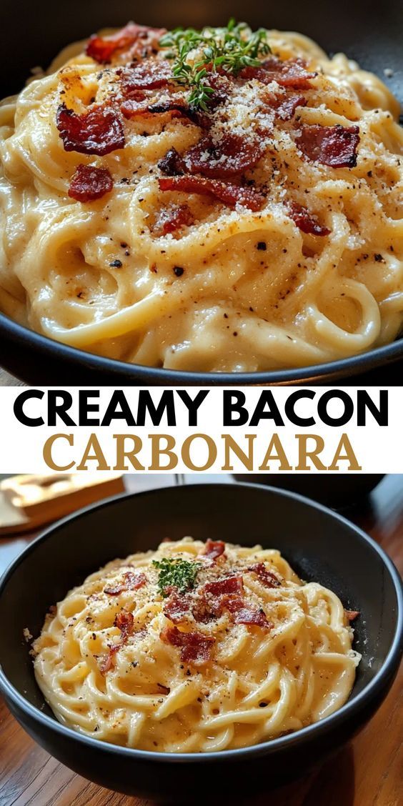 A plate of carbonara pasta topped with crispy bacon bits, topped with a silky egg and cheese sauce, looks especially delicious.
