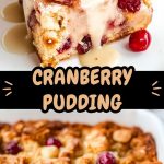 Warm bread pudding with chunks of white chocolate and bright cranberries, with a golden crust and a tender, creamy texture inside.
