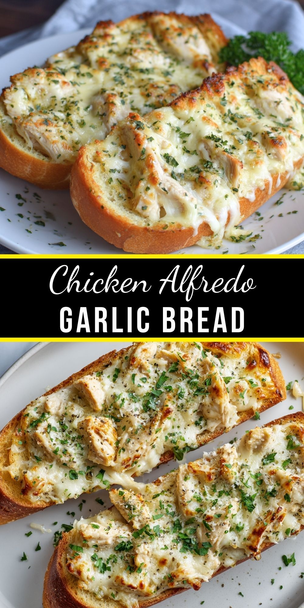 Golden garlic bread filled with chicken in a creamy Alfredo sauce, with a delicious crispy crust and creamy filling.