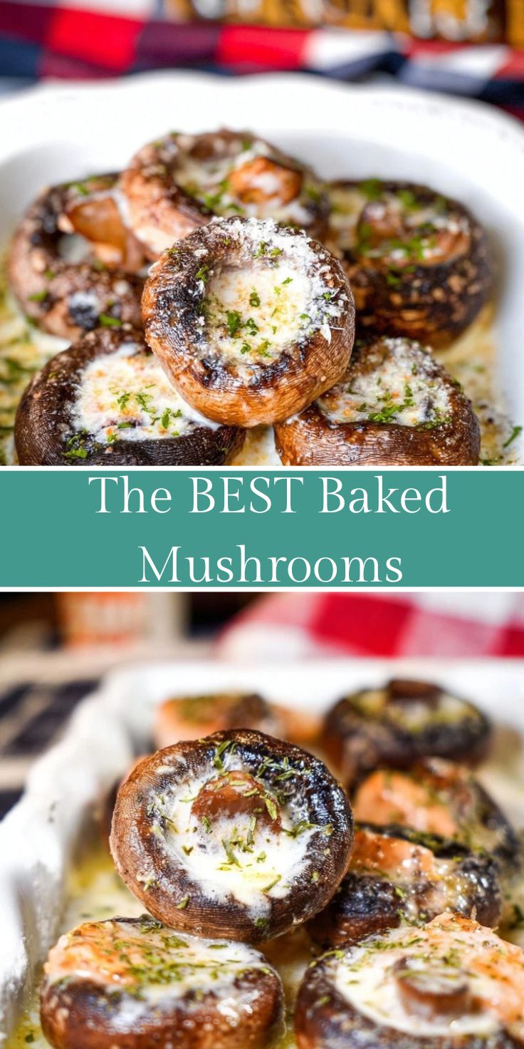Baked mushrooms with a golden crust, juicy texture, and mouth-watering aroma, carefully presented on a platter.