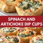Crispy mini cups filled with a creamy spinach and artichoke sauce, served hot with a soft, chewy texture.