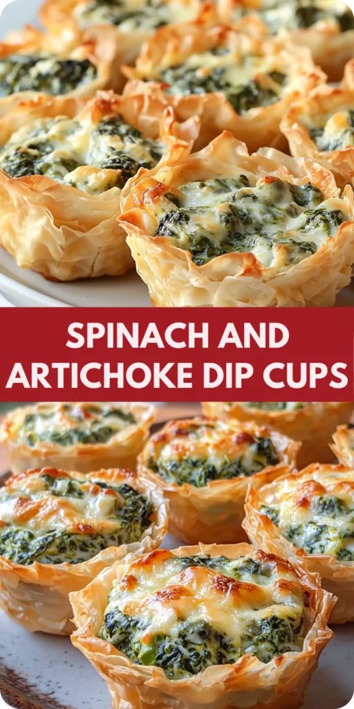 Crispy mini cups filled with a creamy spinach and artichoke sauce, served hot with a soft, chewy texture.