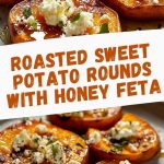 Fried sweet potato slices with honey and feta on a plate