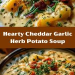 Hearty potato soup with cheddar cheese in a deep bowl