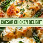 Caesar salad with chicken and asparagus close-up