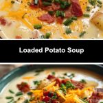 A rich potato soup in a deep bowl with a creamy texture.