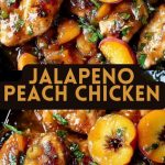 Close-up shot of golden-brown chicken with juicy peaches and hot peppers