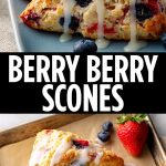 Lush scones with strawberry and blueberry pieces, a golden crust, and a soft berry texture inside, served on a plate.
