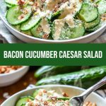 Serving Caesar salad with cucumbers and crispy bacon bits