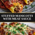 Close-up of baked manicotti with thick meat sauce