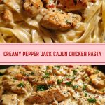 Pasta with Cajun-style chicken in a creamy sauce on a plate.