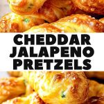 Close-up of pretzels with gooey cheese and hot peppers