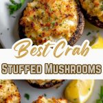 Close-up of large Portobello mushrooms with crab filling