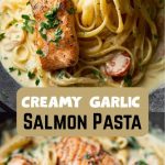 Close-up of pasta with salmon in a creamy garlic sauce